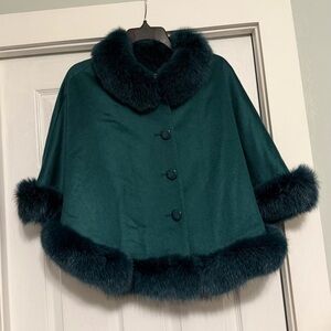 Balmain !00% Cashmere Teal Cape with Faux Fur Trim